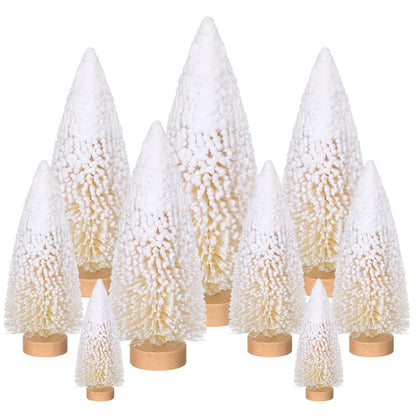 Leyndo 9 Pcs White Snow Flocked Artificial Mini Christmas Tree Sisal Bottle Brush Trees with Wood Base Christmas Pine Trees for Autumn Winter Holiday Kitchen Home Party Decor