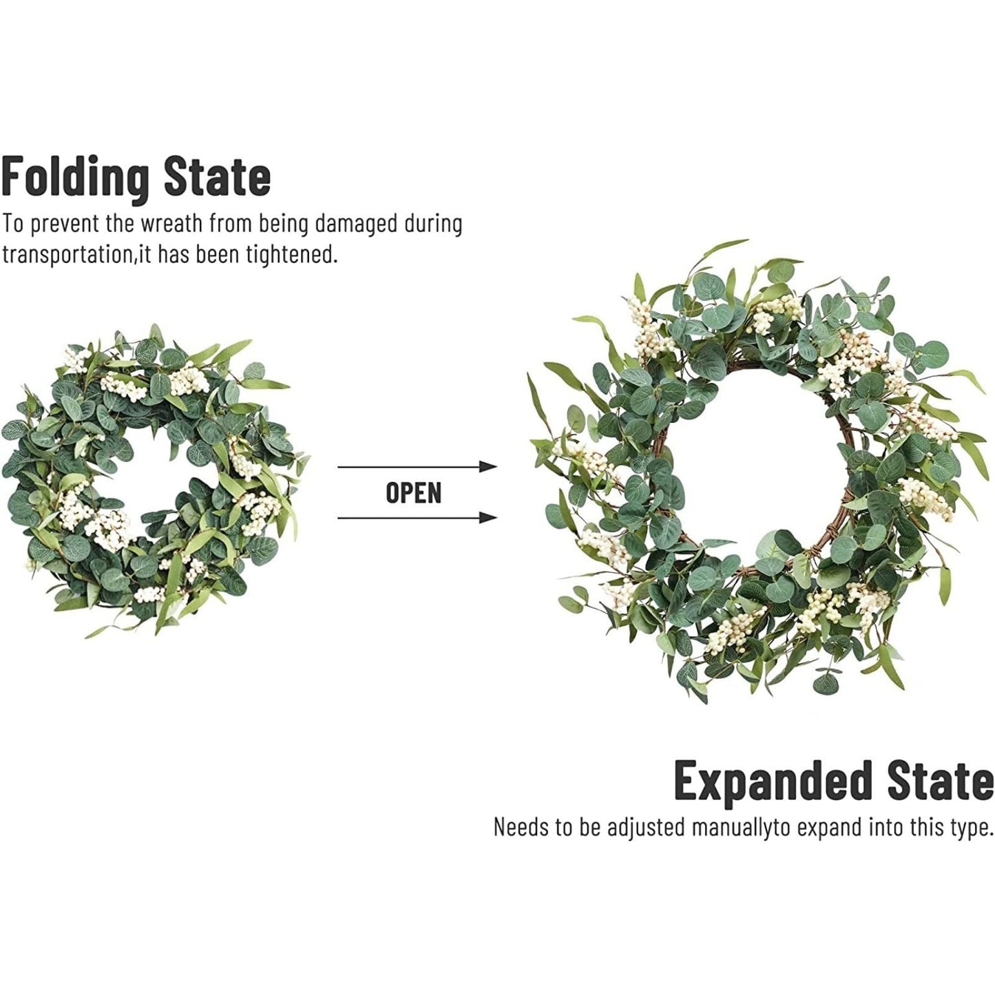 Eucalyptus Wreath, 20" White Berries Artificial Greenery Olives Leaves Spring Wreath,Holiday Large Front Door Wreath for Porch Outdoor Farmhouse Window Wedding Wall Home Decoration