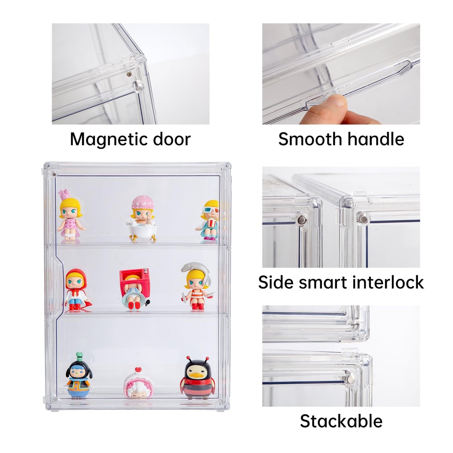 BOHOIDEE 3 Tiers Clear Display Case for Figures, Acrylic Storage Organizers Box with Magnetic Door, Wall-Mounted Dustproof Showcase for Collectibles Action Figure(3PACK Wall-Mounted Medium)