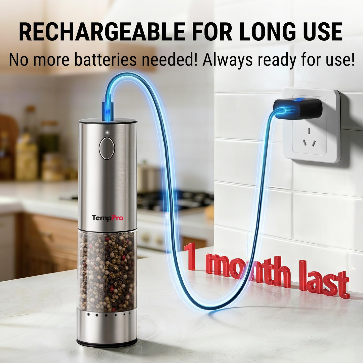TempPro 100ml Electric Salt and Pepper Grinder Set Rechargeable, Automatic Pepper Grinder Shakers with External Adjust, Refillable Pepper Mill, Gift for Him Dad Father(Previously ThermoPro)