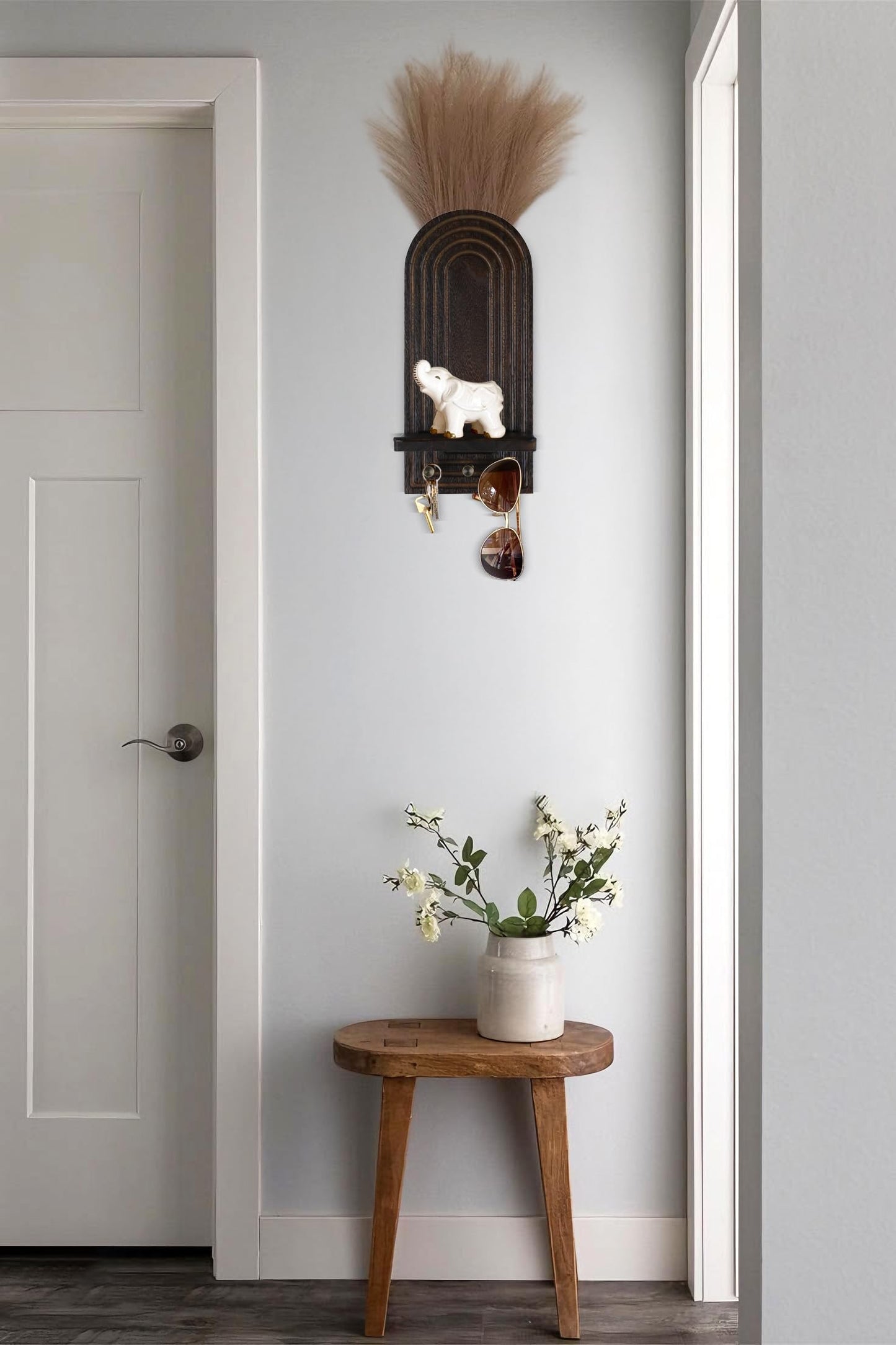3-in-1 Wooden Wall Organizer - Planter Vase + Candle Sconces + Hooks (No Dried Flower)- Farmhouse Hanging Decor Boho Wall Art for Indoor Plants Artificial Eucalyptus for Living Room Bedroom Brown