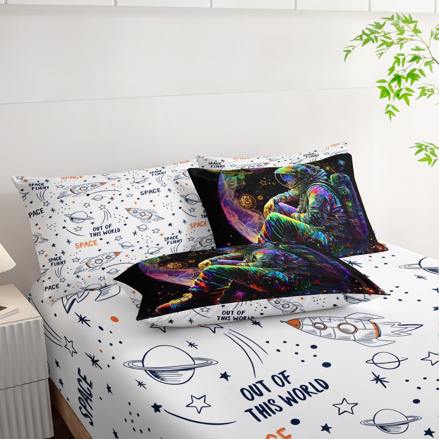 AILONEN Space Astronaut Comforter Set Twin Size,7-Piece Soft Bed in a Bag,Glowing Rocket Planet Spacemen Print Comforter & Fitted Sheet & Flat Sheet & 2 Pillowcases,2 Pillow Shams