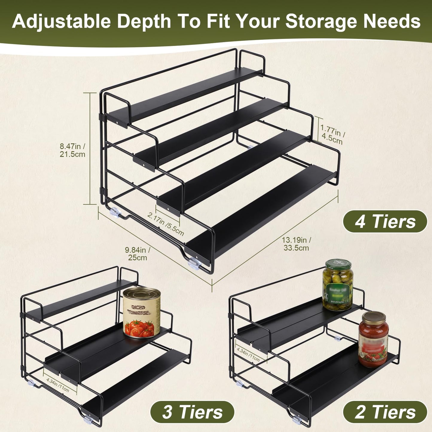 KITREPAION Spice Rack Organizer for Cabinet, Tiered Adjustable Spice Shelf Organization, Metal Seasoning Rack for Kitchen Countertop Cupboard Pantry, Raised Edge Anti-Slip Design for Jars and Bottles