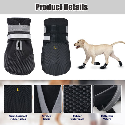 Dricar Dog Shoes, Set of 4 Dog Boots for Injured Paws, Waterproof Anti Slip Dog Shoes for Walking, Paw Protectors with Reflective Straps for Medium Large Dog (L, Black)