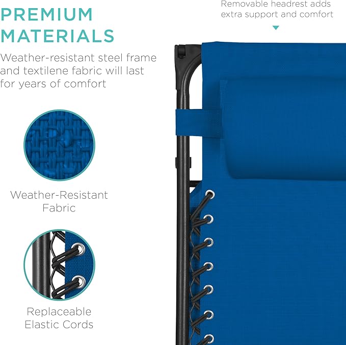 Best Choice Products Folding Zero Gravity Outdoor Recliner Patio Lounge Chair w/Adjustable Canopy Shade, Headrest, Side Accessory Tray, Textilene Mesh - Marine Blue