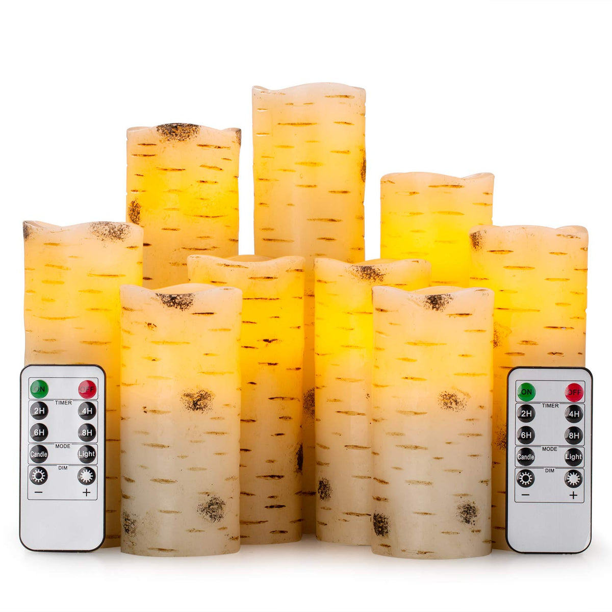 Enpornk Flameless Flickering LED Candles with Birch Bark Effect - Set of 9 Battery-Operated Real Wax Pillar with 10-Key Remote Control - 2/4/6/8 Hour Timer