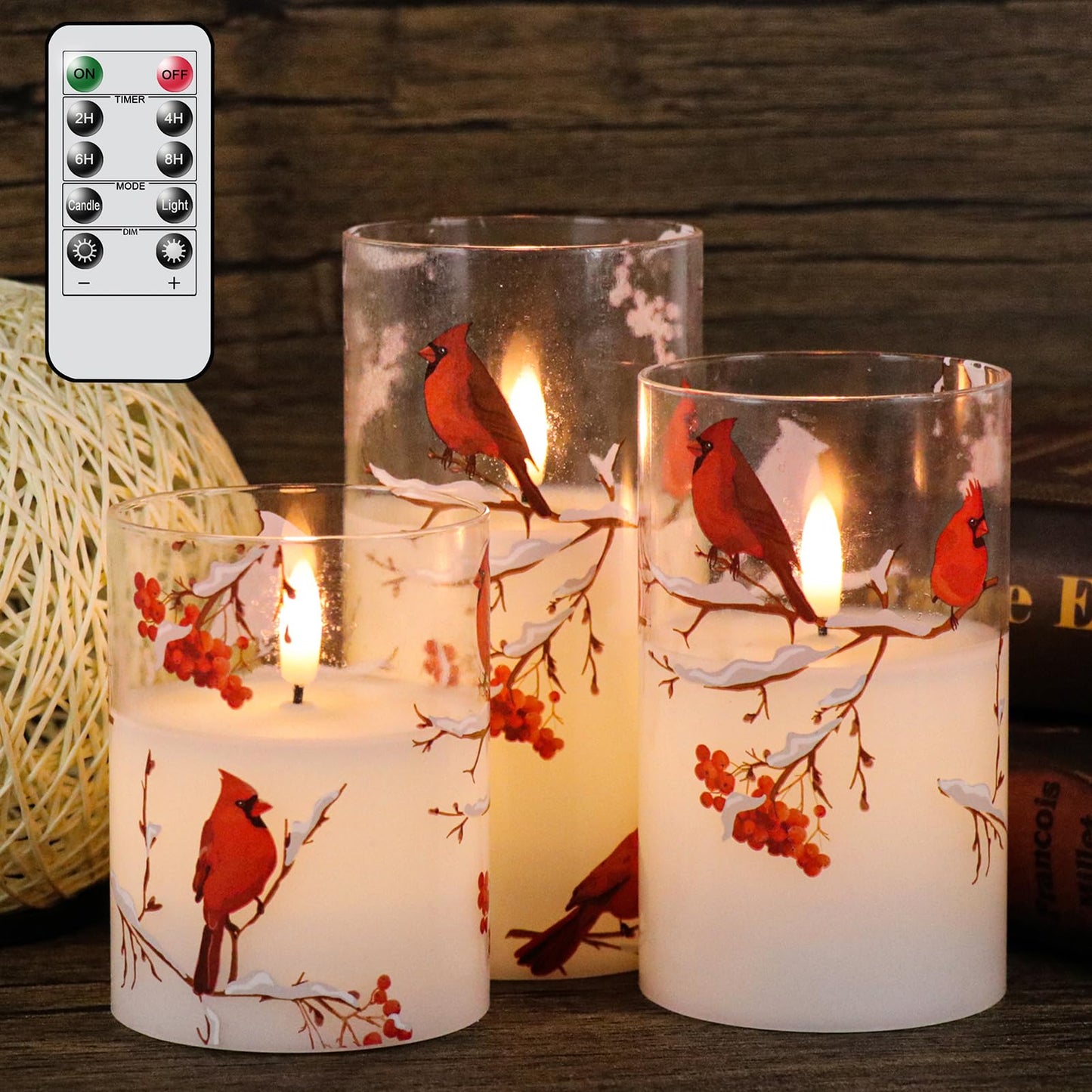 GenSwin Red Bird Glass Flameless Candles with Remote Timers, Battery Operated 3D Wick Led Flickering Light, Real Wax Pillar Candles for Christmas Home Decoration(Pack of 3, 3”x4”5”6”)