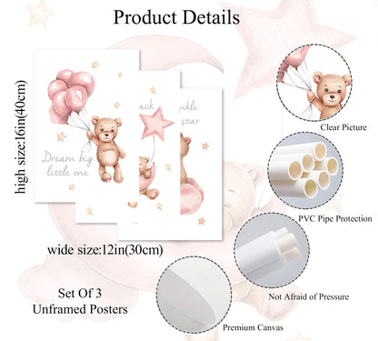 3Pcs Pink Teddy Bear Nursery Wall Art Prints, Dream Big Little One I Love You to the Moon and Back Twinkle Twinkle Little Star Posters, Baby Girl Room Decor for Nursery Playroom 12x16in Unframed