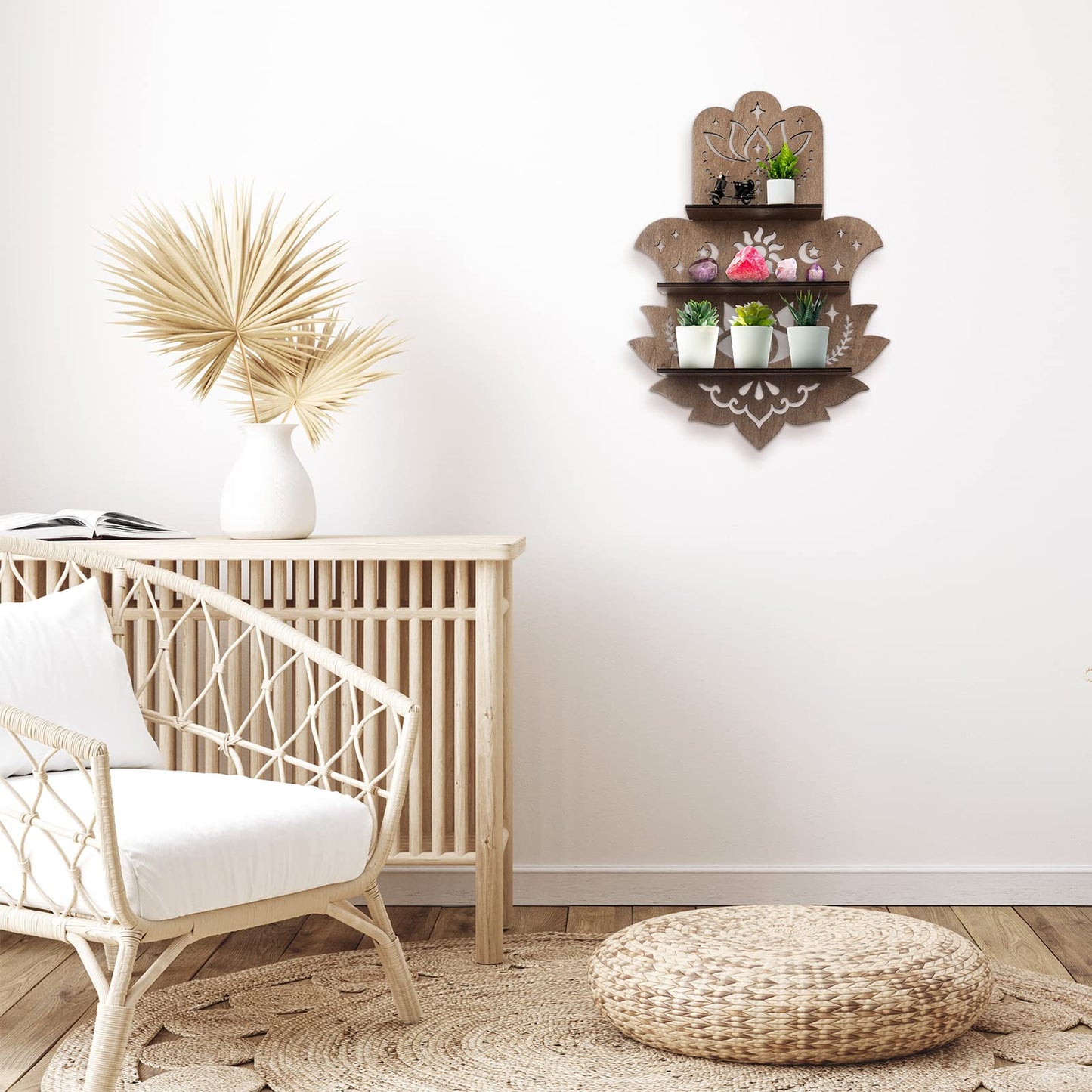 Maitys Hamsa Wall Decor Lotus Crystal Shelf Display for Evil Eye Decor Large 17'' Hamsa Hand Boho Wooden Hanging Crystal Holder Shelf Aesthetic Zen Meditation Spiritual Gift Witch Yoga