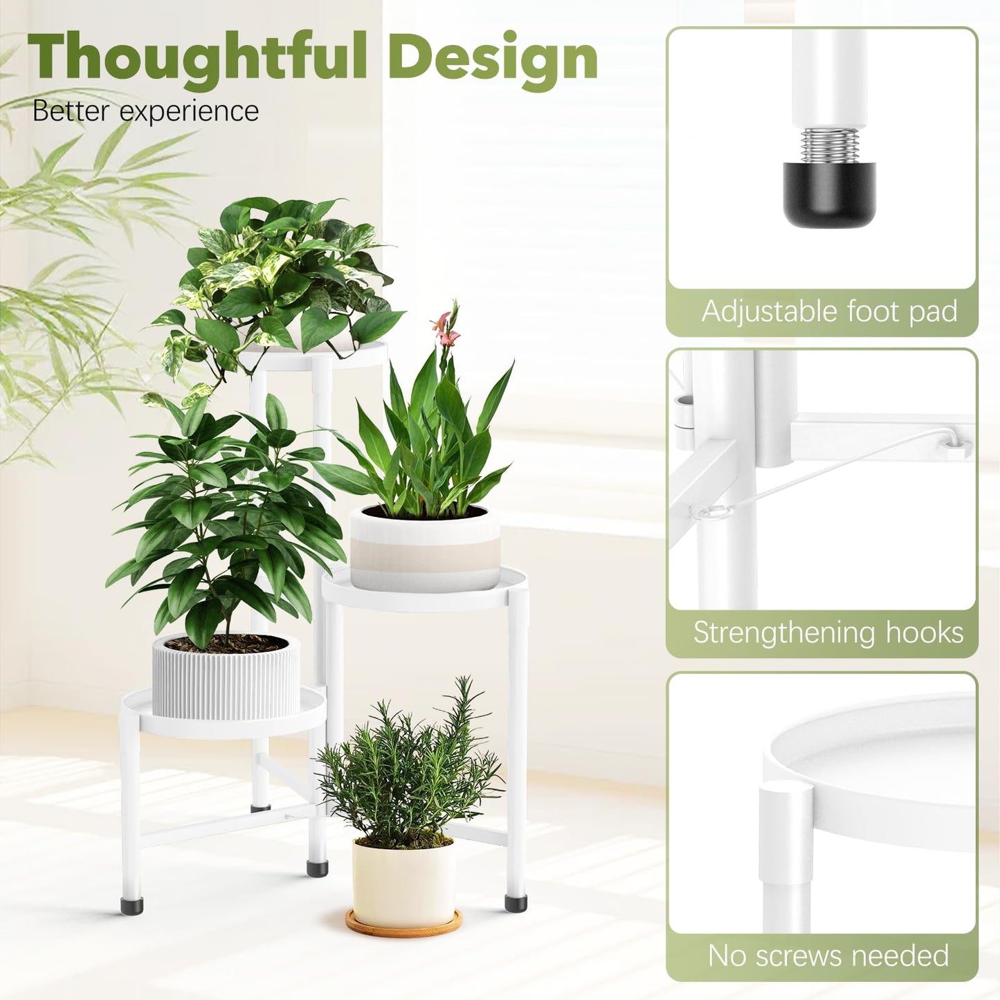3 Tier Metal Plant Stand Indoor Outdoor, JOPBENG Corner Plant Shelf with 10 Inch Wide Tray,Flower Pot Display Holder Iron Rack Organizer Stand for Living Room Office Garden Patio Balcony Bedroom White