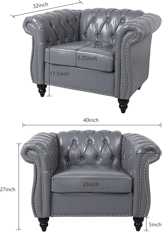 ORRD 2 Piece Living Room Set, Chesterfield Leather Sofa Loveseat Couch Chair