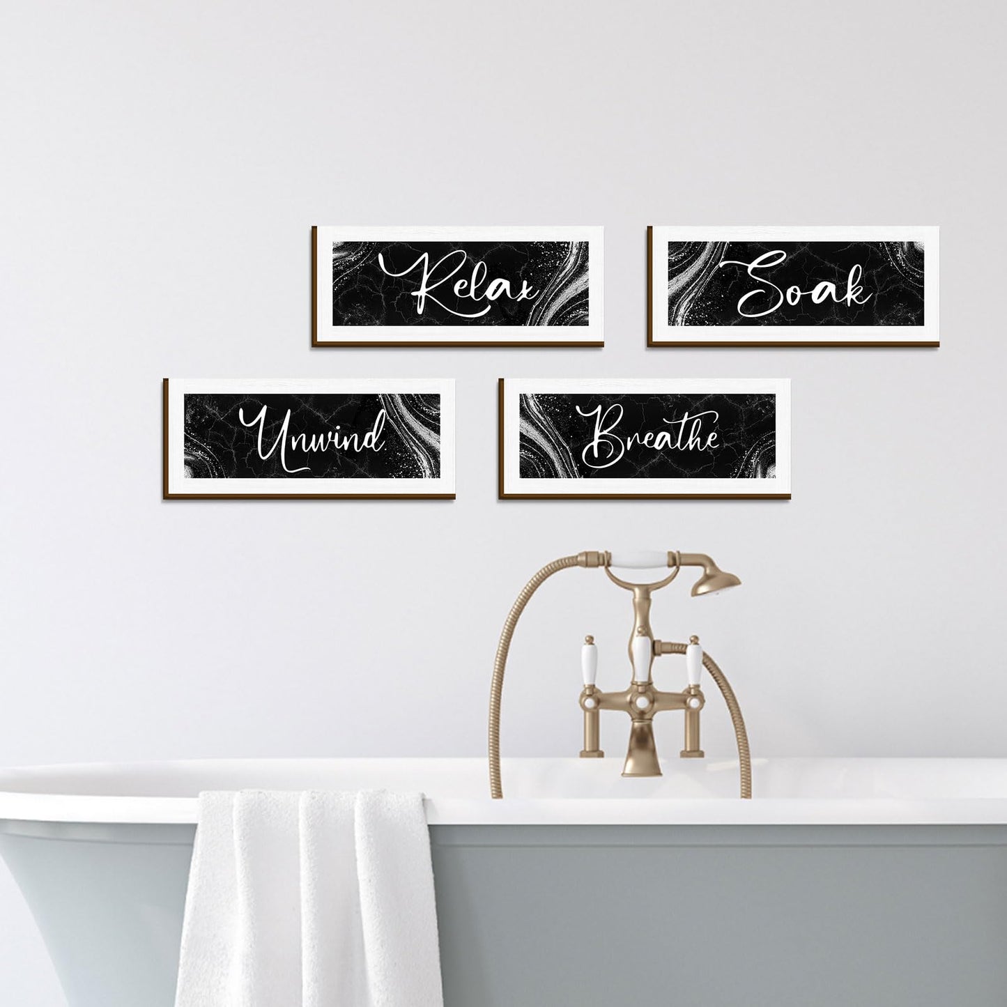 Bathroom Wall Decor 4 Pieces - Modern Marble Relax Soak Unwind Breathe Signs - Elegant Spa Bathroom Wall Art - Minimalist Wooden Plaque Set for Bathtub Home Decor Housewarming Gift