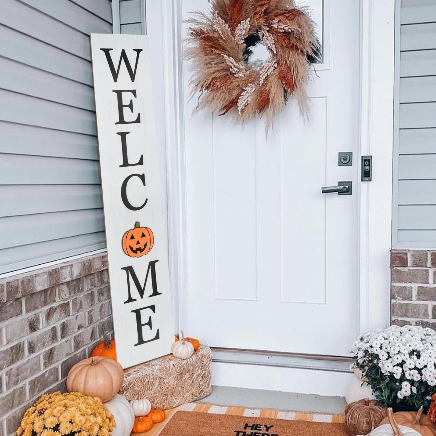Interchangeable Welcome Sign for Front Porch- 45"X9" Large Standing/Hanging Wooden Sign with 12 PCS Replaceable Icons for 4th of July Fall Halloween Porch Wall Yard Decorations (White)