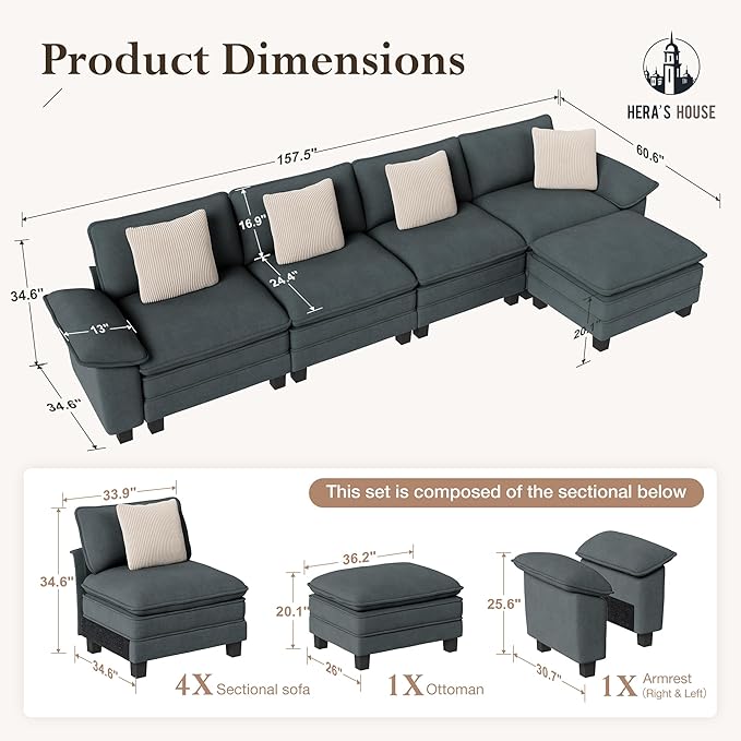 HERA'S HOUSE 158" Modular Sectional Sofa, Oversized L Shaped Couches