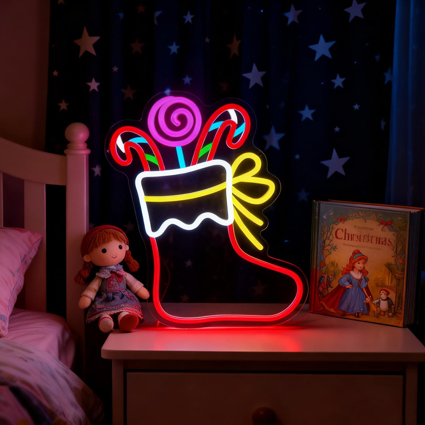 Mvorixa Christmas Stocking Neon Sign, Dimmable LED Neon Christmas Wall Lights, Xmas Decoration for Indoor Holiday Party, Kids Bedroom, Living Room, Bar, Pub, Xmas Tree, Window Display Decor, New Year Gift