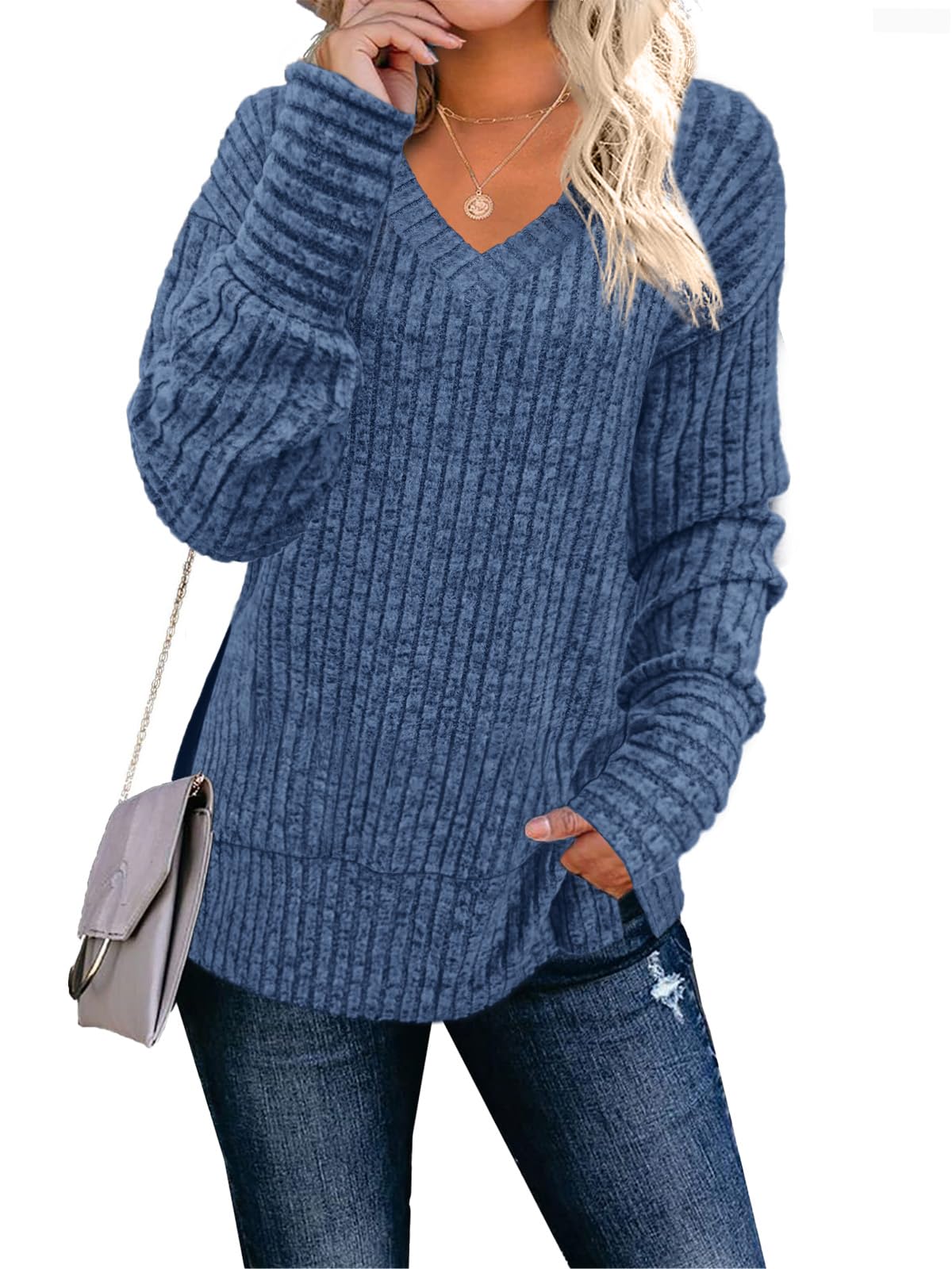 JomeDesign Womens Sweaters Long Sleeve V Neck Shirts Loose Casual Fashion Tops