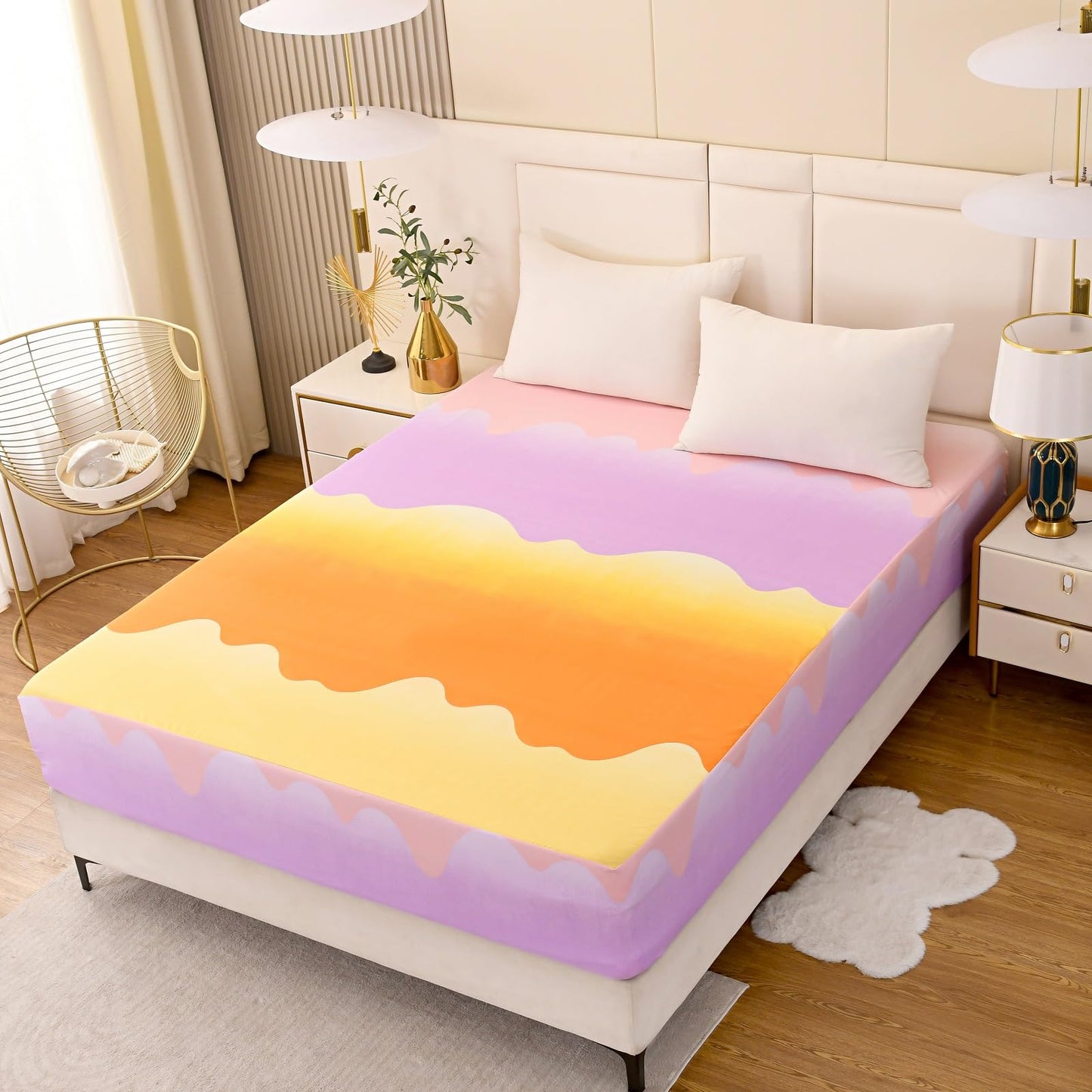 NATURETY Bedding Fitted Sheet with Deep Pocket,Thicken Printed Fabric Bed Sheets (Orange, Queen)