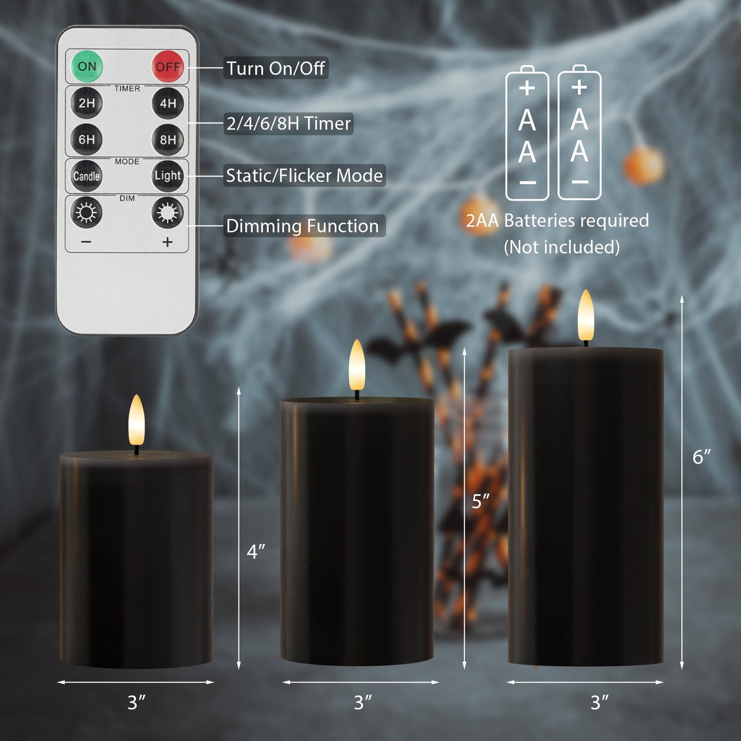 AFINETH Black Flameless Candles, Halloween Candles with Remote, Battery Operated Gothic LED Candles, Real Wax Flickering Flameless Pillar Candles for Home, Party, Halloween, 3 Pack