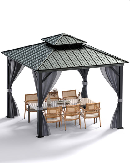 GarveeLife Hardtop Gazebo 12 ft x12 ft for All Weather, with Double Metal Roof, Aluminum Alloy Frame, Net, and Curtain, Permanent Building for Patio, Deck, Backyard, Lawn, and Garden
