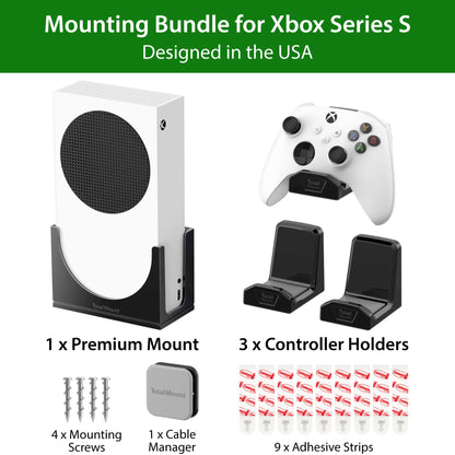 TotalMount – Wall Mount for Xbox Series S – Holds Xbox Series S on a Wall by Your TV (Black Mount and 3 Controller Holders)