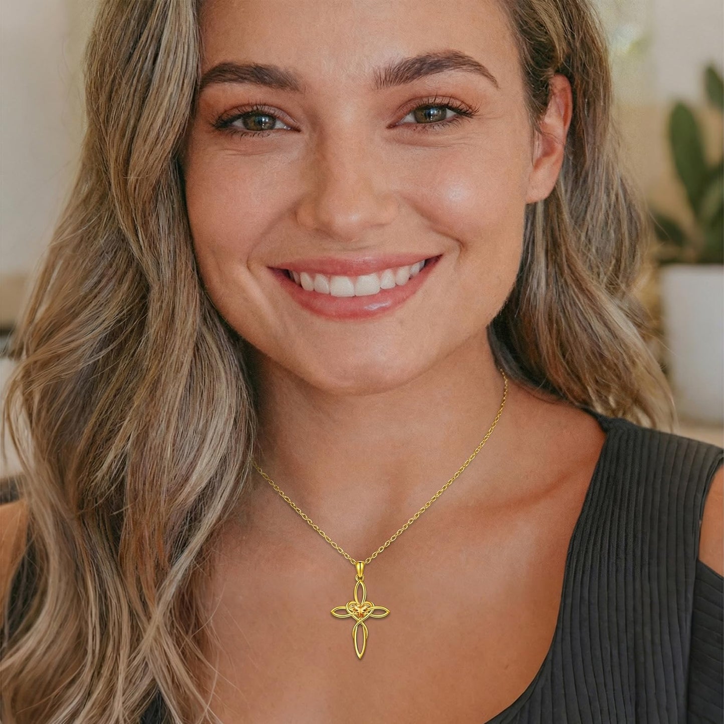 POIUY 14K Gold Celtic Knot Cross Birthstone Necklace for Women Irish Infinity Heart Pendant Cross Jewelry Baptism Faith Anniversary Valentines Birthday Mothers Day Gifts for Mom Wife Her