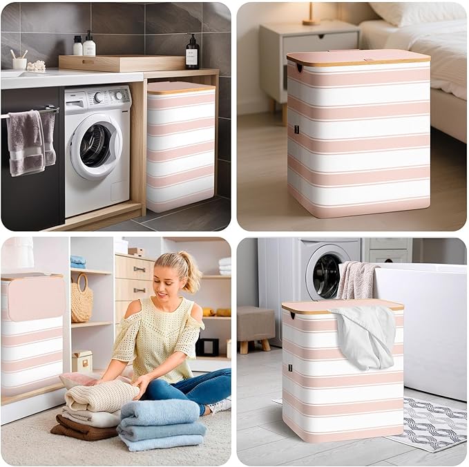 BALEINE Laundry Hamper with Lid, Tall Laundry Baskets with Bamboo Pull Handles