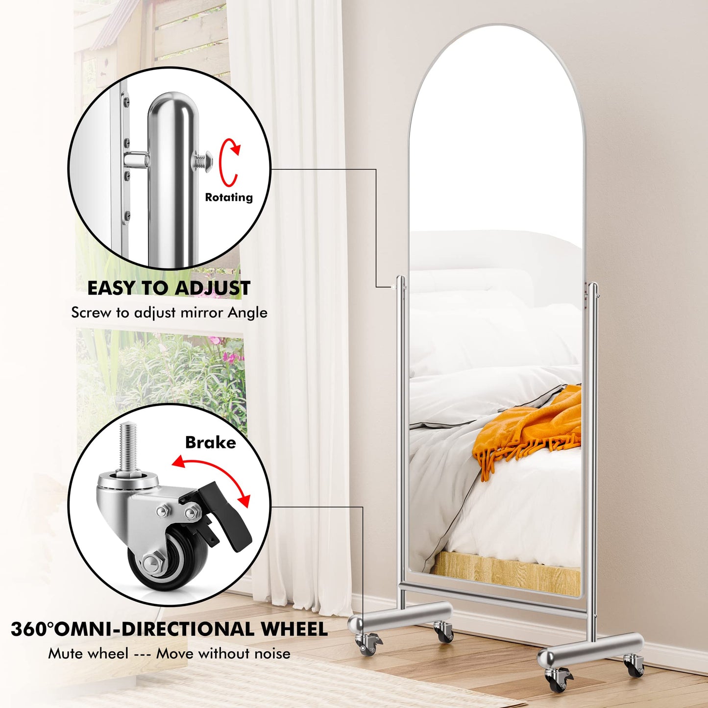 AISUNDY Arched Mobile Full Length Floor Mirror on Rolling Wheels, 65" Lx23 W Large Modern Tilting Swivel Mirror with Stainless Steel Frame, Silver, Use for Dressing,Dancing,Fitness,Gym Exercise