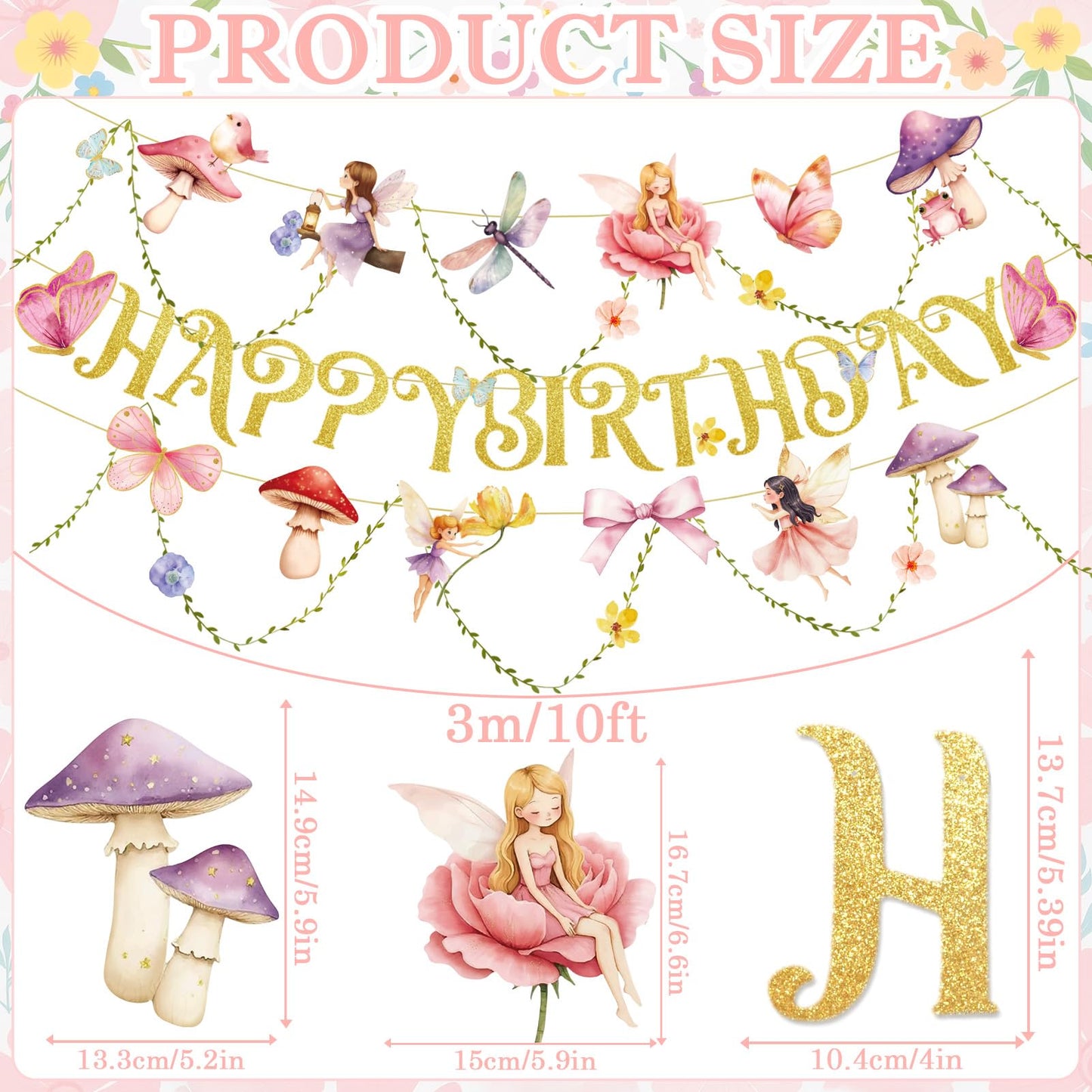 Paper Jazz Fairy Birthday Banner with Butterfly Fairy Party Decorations Mushroom Decor Fabric Vines Paper Garlands Decorations for Birthday,Garden Tea Party,Baby Shower.
