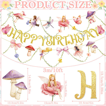 Paper Jazz Fairy Birthday Banner with Butterfly Fairy Party Decorations Mushroom Decor Fabric Vines Paper Garlands Decorations for Birthday,Garden Tea Party,Baby Shower.