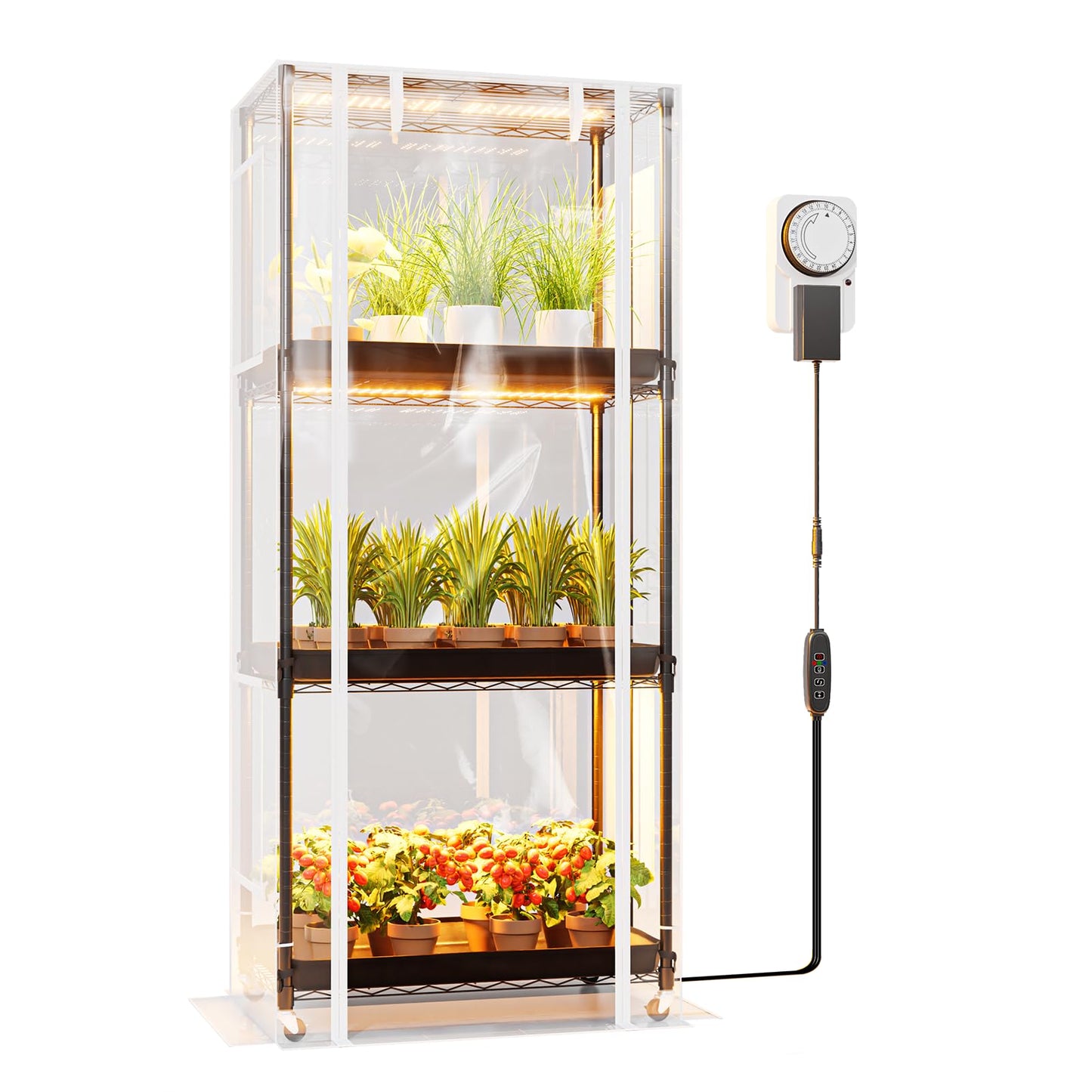 SPECILITE Indoor Greenhouse with Grow Light, DIY 4-Tier Plant Stand with PVC Cover and 99W Full Spectrum 5000K LED Plant Lights, Rolling Plant Shelves with Tent & Timer for Seed Starting, 27x14x59IN