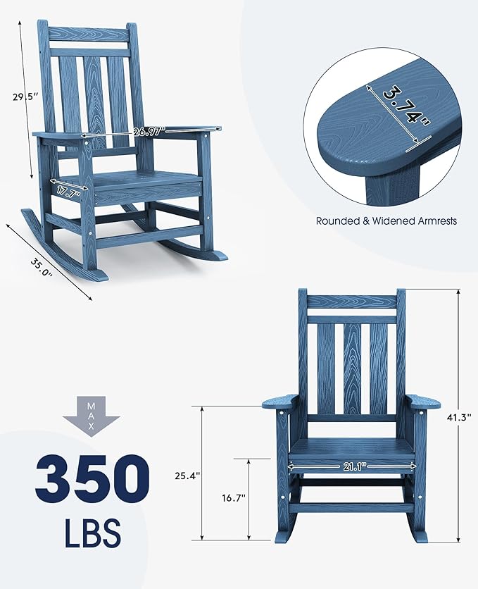 KINGYES Oversized Outdoor Rocking Chair Set of 2, All-Weather Patio Rocking Chairs for Porch, HDPE Outdoor Patio Rockers with High Back & Wide Seat for Garden, Lawn, Blue