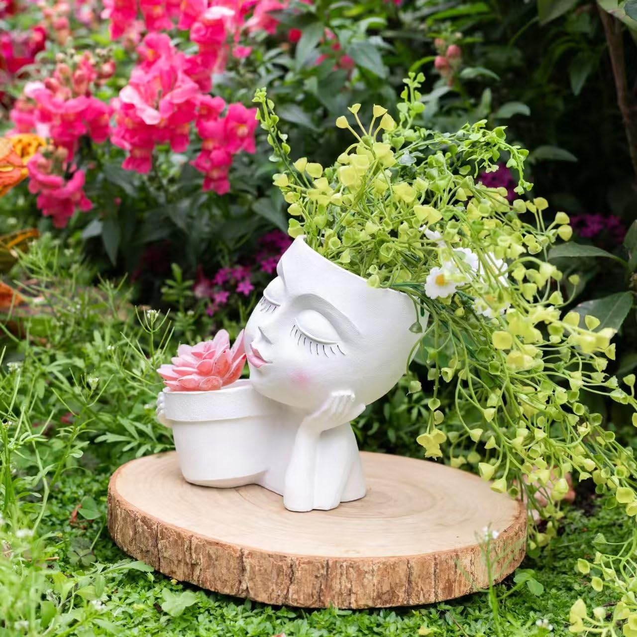Lady Face Planter Pots Head - Double Cute Planters for Indoor Plants, Flower & Succulent with Drainage Holes, Novelty Head Plant Pot for Home Garden Succulents Cactus White