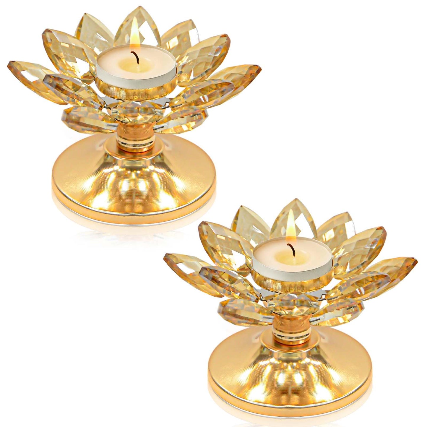 2 PCS Gold Crystal Flower Tea Light Holder, Glass Tealight Candlestick with Metal Base, Votive Candle for Table Centerpiece, Wedding/Parties Decor, Nice Gift