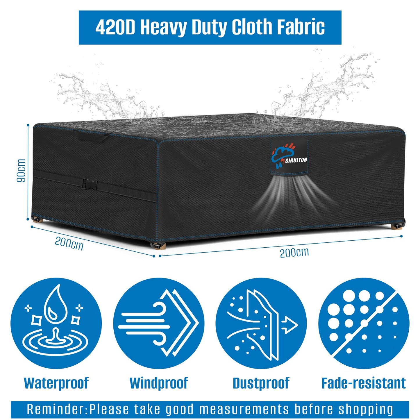 SIRUITON 200x200x90cm Cube Garden Furniture Cover, Heavy Duty 420D Oxford Fabric Waterproof Patio Garden Rattan Cube Table Set Cover with Air Vent, Square Black
