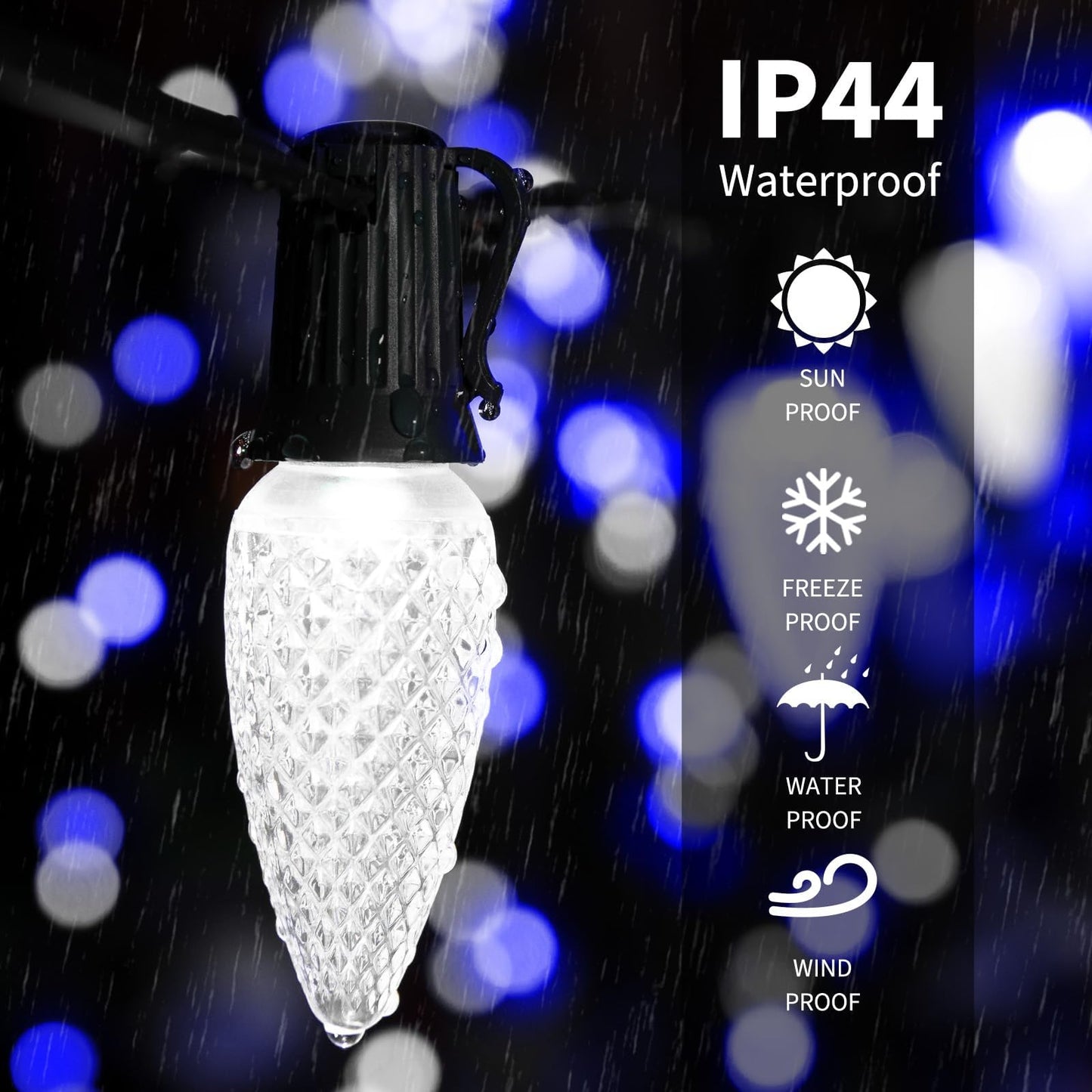 Minetom 100 Feet Led Christmas Lights,Blue White C9 Christmas String Lights Outdoor, 100 Strawberry Bulbs Connectable UL Certified for Indoor Outdoor Roofline Patio Holiday Party Backyard Xmas Decor