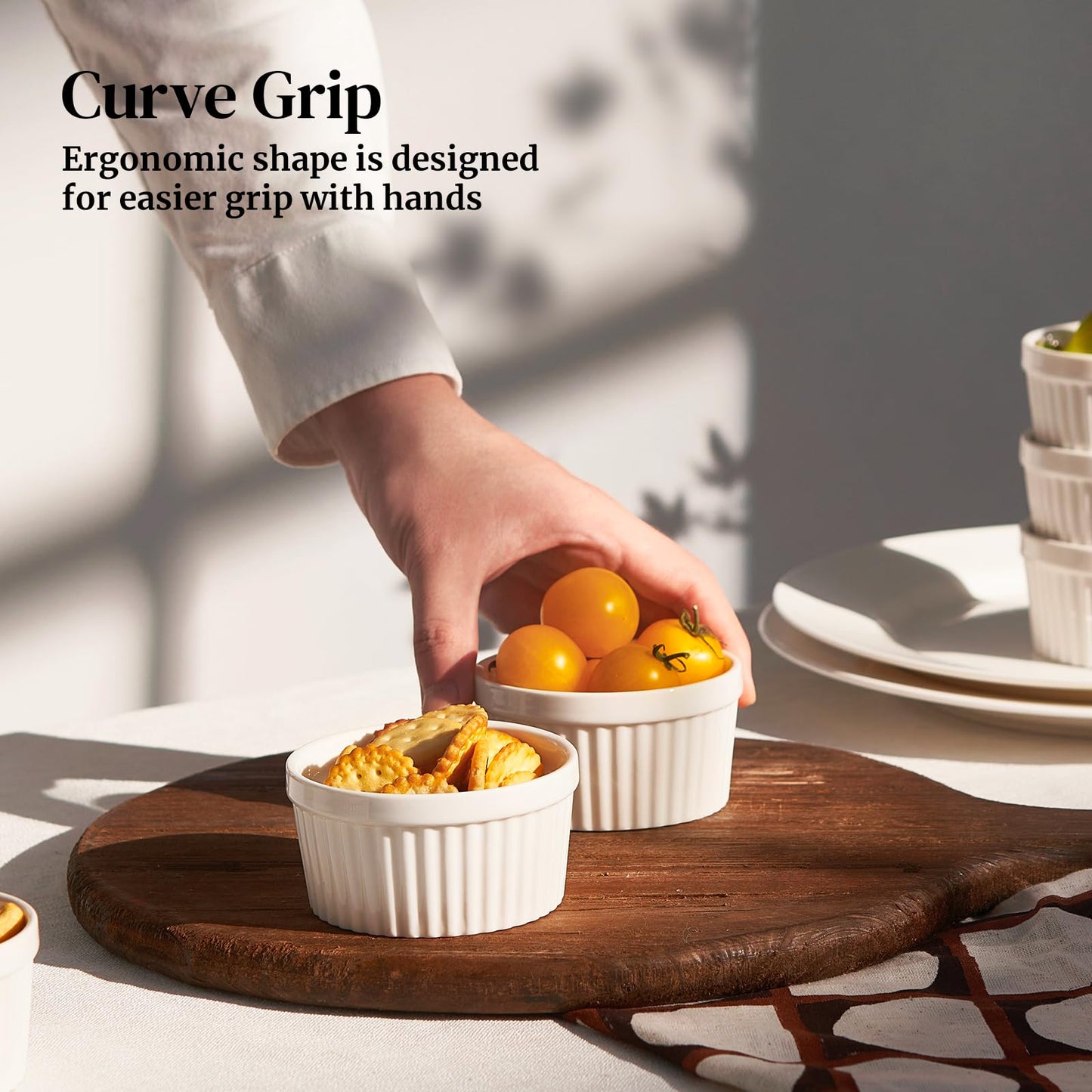DOWAN Ramekins 6 oz Ceramic Ramekins Set of 6, Oven Safe Souffle Dishes for Air Fryer Baking, Mini Round Baking Cups for Creme Brulee, Dipping Sauces, Desserts and Prep Bowls, White