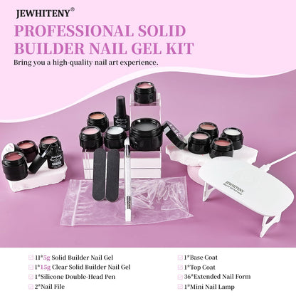 JEWHITENY Poly Extension Gel Nail Kit 14 PCS Poly Gel Kit with Slip Solution and Mini Lamp Nail Art Design Beginner