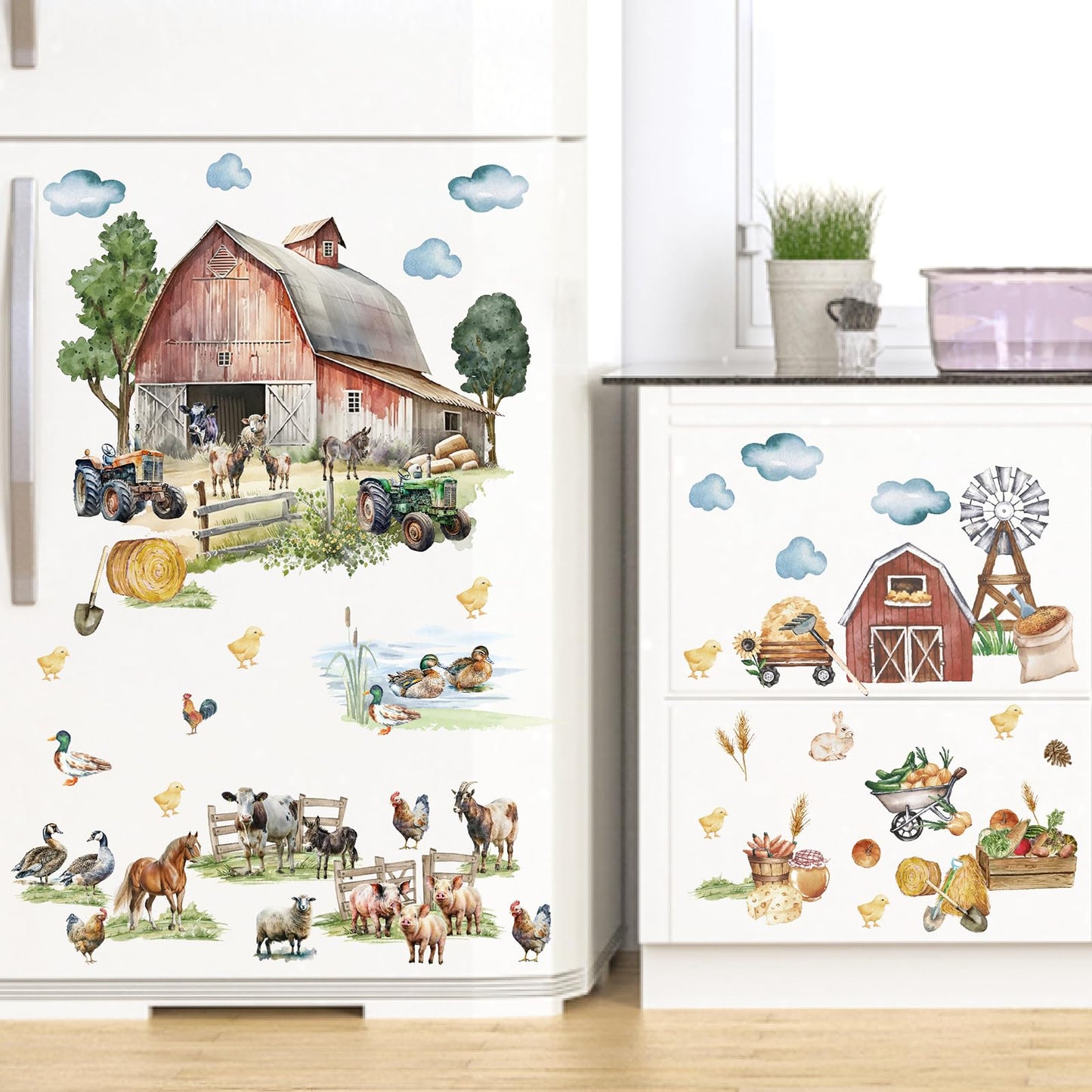 Large Farm Animal Wall Decals Peel and Stick Funny Animal Wall Stickers Farmhouse Decoration Sheep Chicken Rooster Duck Horse Pig Cow Cute Farm Wall Stickers for Kids Room Playroom Kitchen Decor