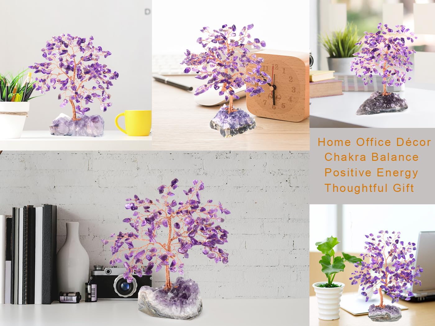 MASGEMES Handmade Chakra Gemstone Crystal Tree of Life,Natural Amethyst with Amethyst Cluster Base,Bonsai Feng Shui Decor Money Tree,Healing Crystals Positive Energy Gift Size 5.5"-6.3"