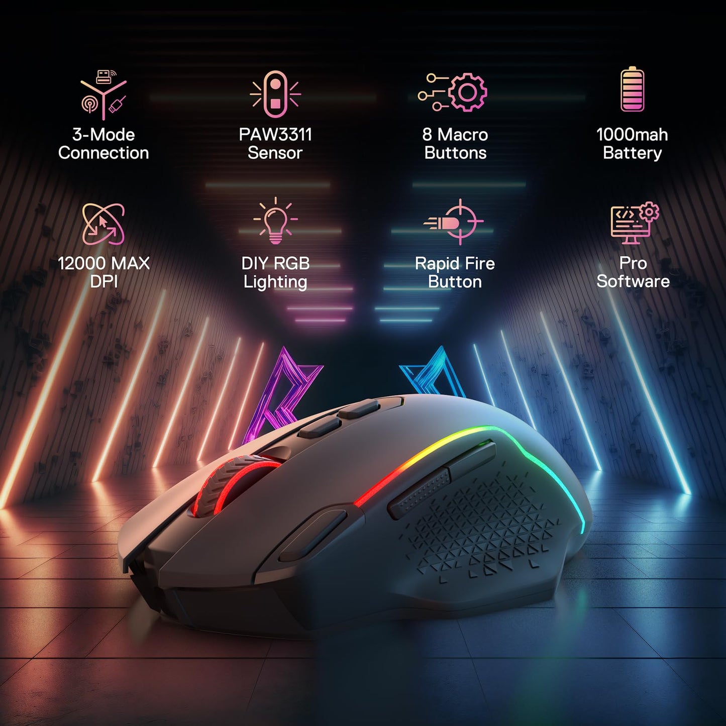Redragon M810 Pro Wireless Gaming Mouse, 10000 DPI Wired/Wireless Gamer Mouse w/Rapid Fire Key, 8 Macro Buttons, 45-Hour Reliable Power Capacity and RGB Backlit for PC/Mac/Laptop