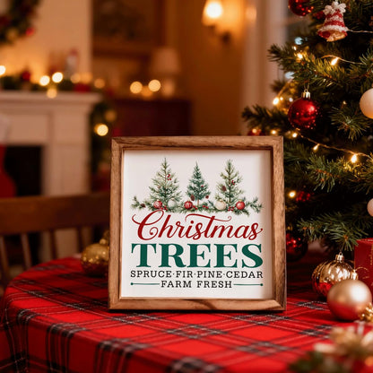 Christmas Wall Decor, Christmas Trees Farm Fresh Sign, Spruce Fir Pine Cedar Framed Wood Wall Accent for Rustic Living Room or Entryway, MDF Holiday Hanging Plaque