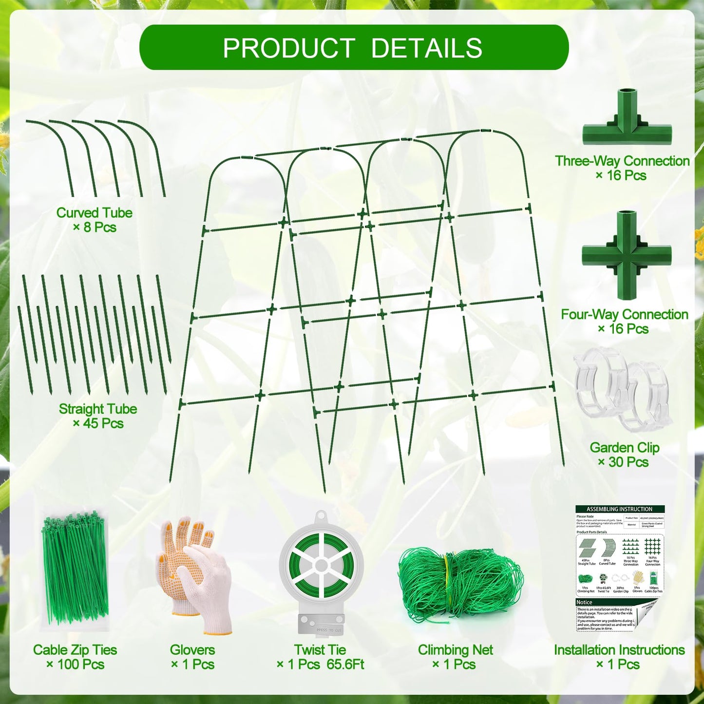 Extra Large Cucumber Trellis for Raised Bed, U-Shape Garden Trellis for Climbing Plants Outdoor,Adjustable Metal Arch Vegetables Trellis,Plant Support Garden Stakes for Vine (Green,65"x49.2"x23.6")