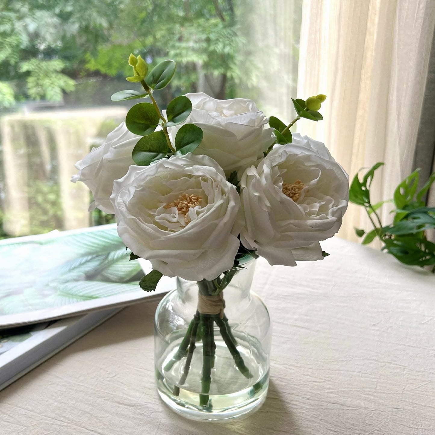 Bucoke Artificial Flowers in vase, Vivid Faux Rose Flowers Arrangements, Austin Rose Centerpieces for Tables, Flower Ornaments and Flower Arts for Living Room (White)