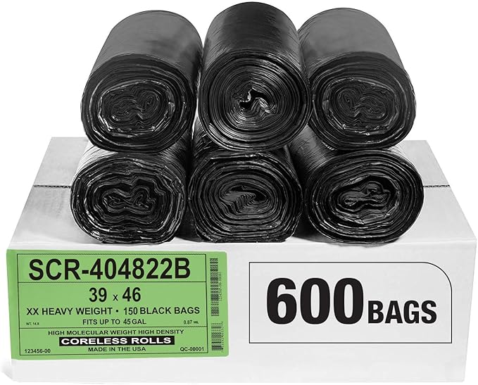 Aluf Plastics 45 Gallon 22 Micron Black Trash Bags