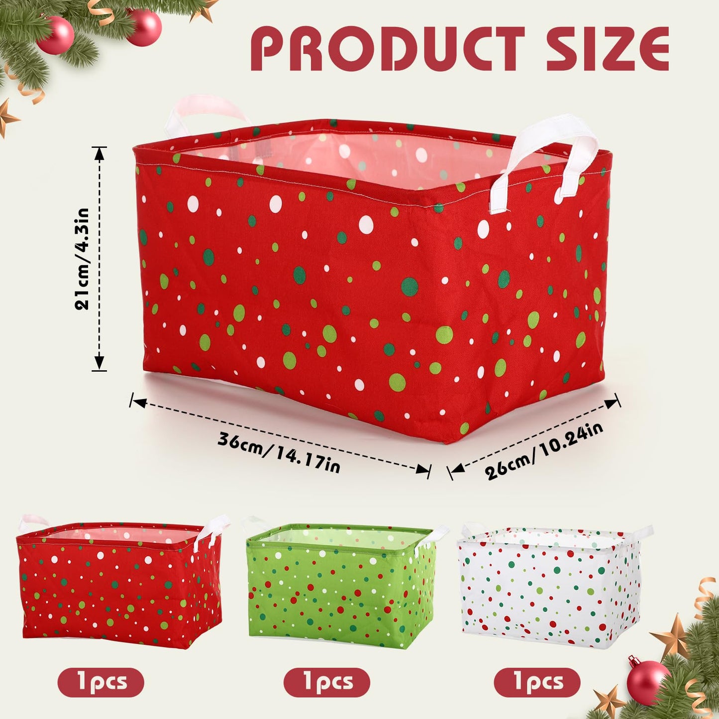 LemonRoad 3 Pcs Storage Bin Baskets Christmas Candy Themed Shelf Baskets Rectangular Foldable Clothes Washing Bin for Xmas Holidays Bedroom Classroom Home Shelves