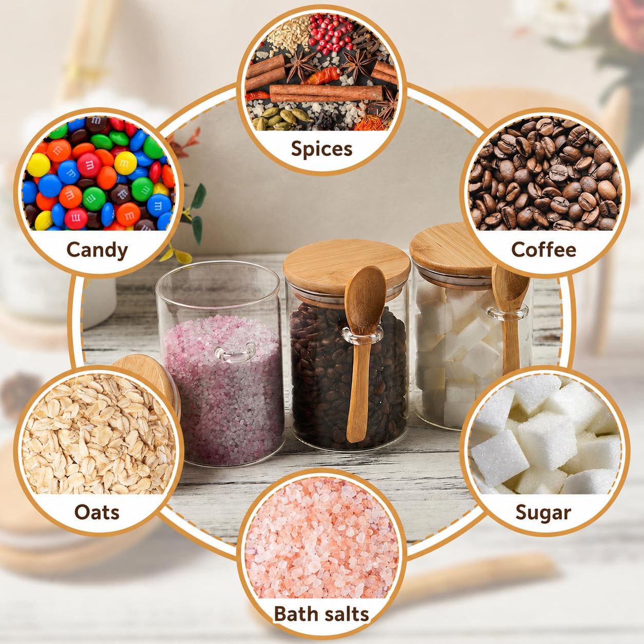 KOIKEY Coffee Sugar Container Salts Jars - 15oz Glass Airtight Caning with Bamboo Lids and Spoons Scoop, Storage Overnight Oats, Spice, Creamer, Food Organizer, Set of 3