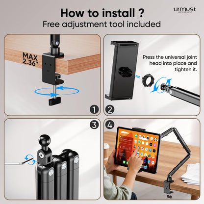 Urmust Tablet Stand for Desk, Adjustable iPad Holder for Bed, 360° Rotation, Sturdy Aluminum Tablet Arm Mount for 4.7"-15.6" iPad Pro/Air/Mini, iPhone, Galaxy Tab, for Kitchen, Work, Video Call