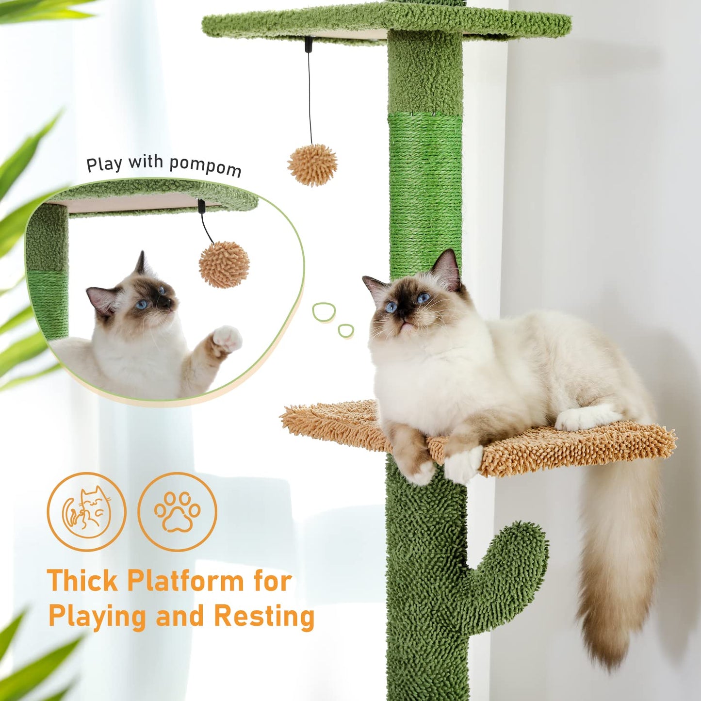 PAWZ Road Cactus Cat Tree Floor to Ceiling Cat Tower with Adjustable Height(239-275cm), 5 Tiers Cat Climbing Activity Center with Cozy Hammock, Platforms and Dangling Balls for Indoor Cats
