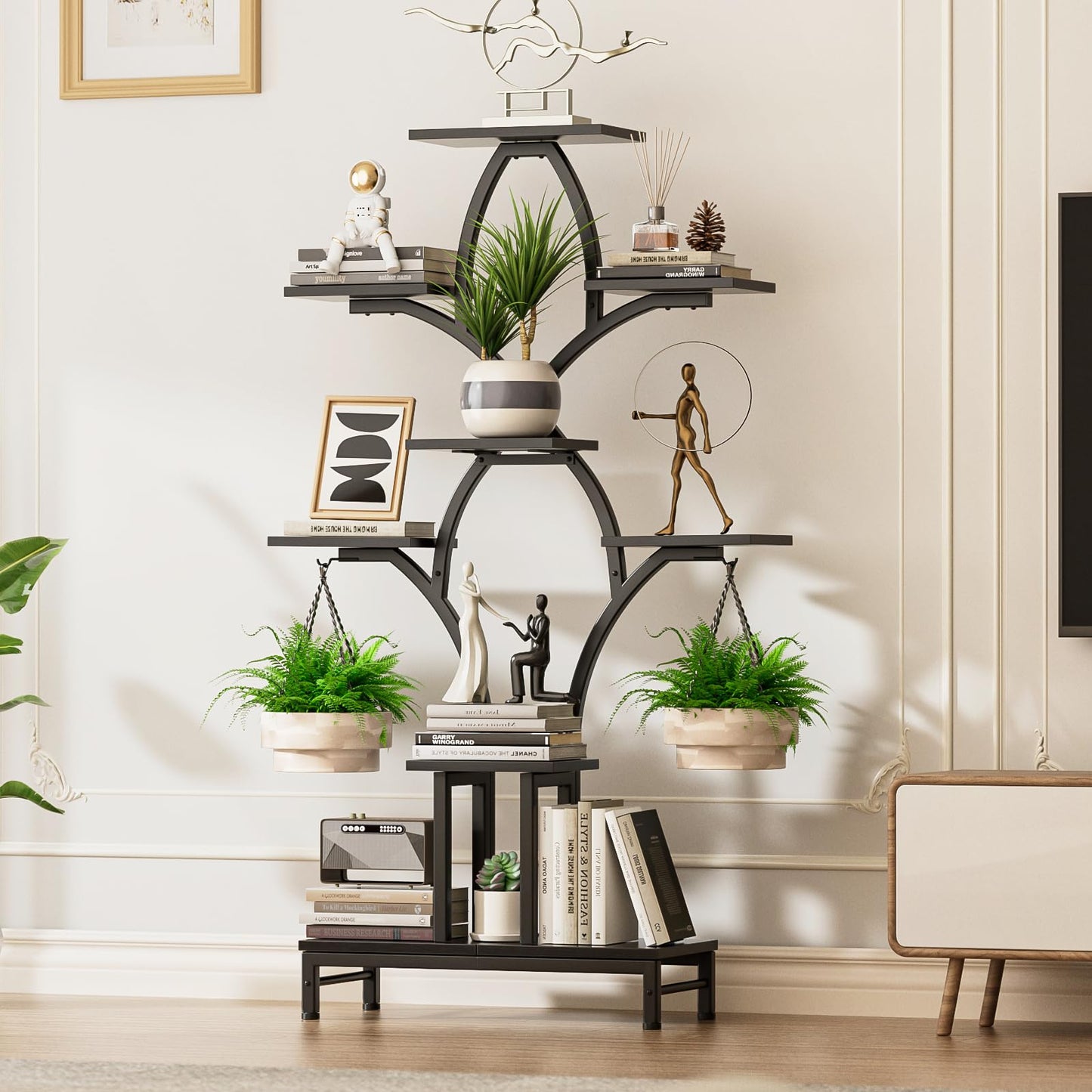 NEHAJUNXI Plant Stand Indoor with 4 Grow Lights - 63" Tall Plant Shelf- 8 Tiered Corner Plant Flower Stands Display Shelves for Home, Patio (Black)