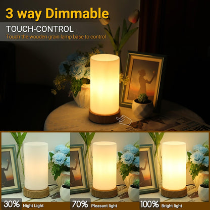 HSLighting Bedside Lamps, Touch Control Glass Table Lamp 3-Way Dimmable Wooden Grained Base Small Touch Lamps Bedside Minimalist Nightstand for Living Room Bedroom Children Room Decor with LED Bulb